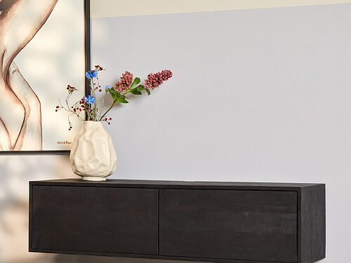 TV-meubel Kleeskis zwart 120 cm, zwevend mangohout met greeploze deuren en strak design