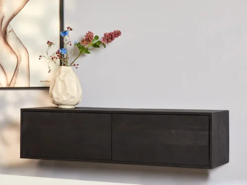 TV-meubel Kleeskis zwart 120 cm, zwevend mangohout met greeploze deuren en strak design