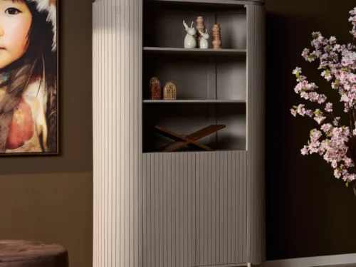 Wandkast Klaadine Taupe 115 cm met verticaal lattenpatroon, open vakken en slank design