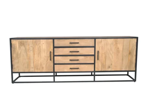 Dressoir Stemon Naturel 210 cm met mangohout, 4 lades, 2 deuren en zwart metalen frame