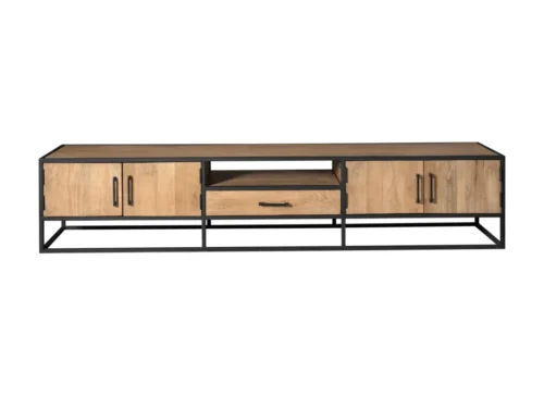 TV-meubel Predio Naturel 240 cm met houten deuren, open vak en zwart metalen frame