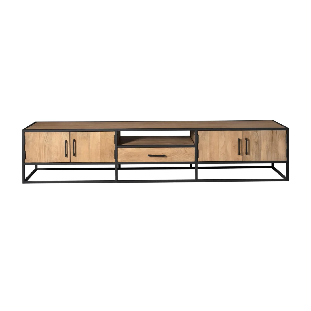 TV-meubel Predio Naturel 240 cm met houten deuren, open vak en zwart metalen frame