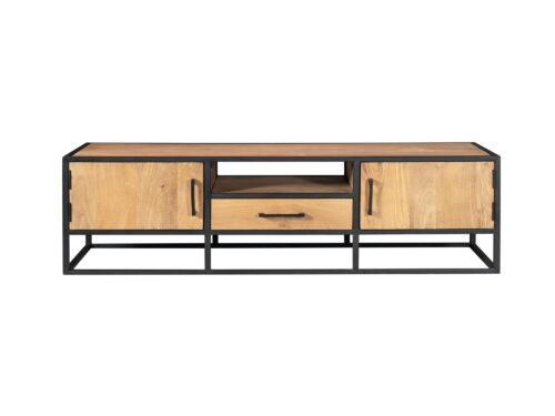 TV-meubel Gaummol Naturel 180 cm met houten fronten, open vak en zwart metalen frame