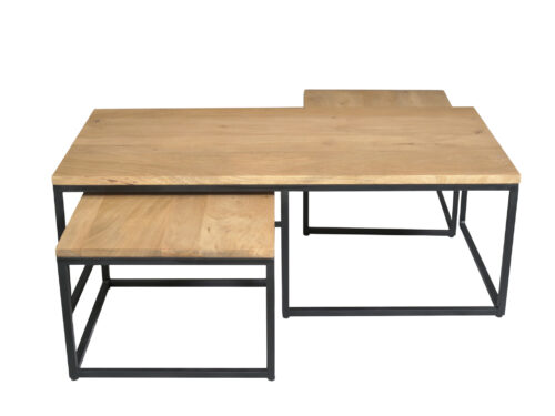 Dakota salontafel set van 3 van mangohout met zwart metalen onderstel, natuurlijke afwerking