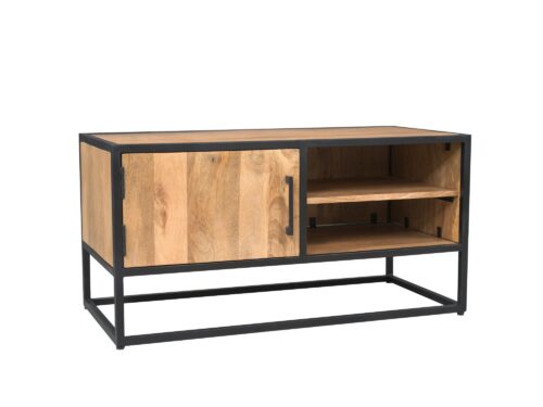 TV-meubel Pode Naturel 100 cm van mangohout met zwart metalen frame, één deur en open vak