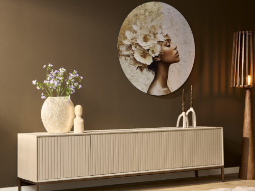 TV-meubel Donio Zand 210 cm met ribbelfront en metalen onderstel in rustige beige tint
