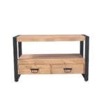 TV-meubel Jieskol Naturel 120 cm met houten blad, open vak en 2 lades, zwart metalen onderstel