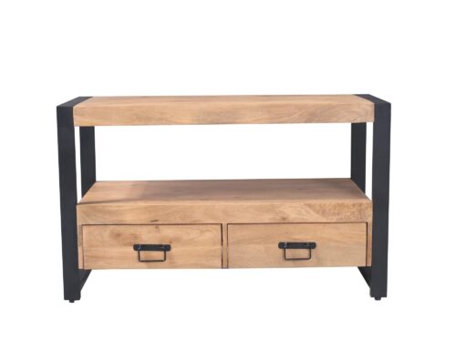 TV-meubel Jieskol Naturel 120 cm met houten blad, open vak en 2 lades, zwart metalen onderstel