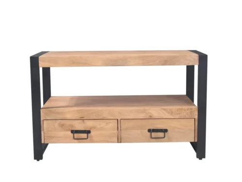TV-meubel Jieskol Naturel 120 cm met houten blad, open vak en 2 lades, zwart metalen onderstel