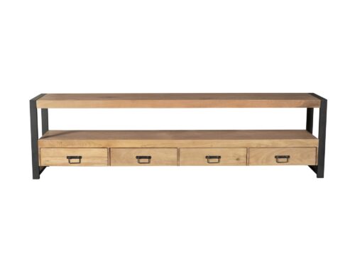 TV-meubel Sallek naturel 180 cm met handgemaakte houten look, 4 lades en open plank, zwart metalen frame