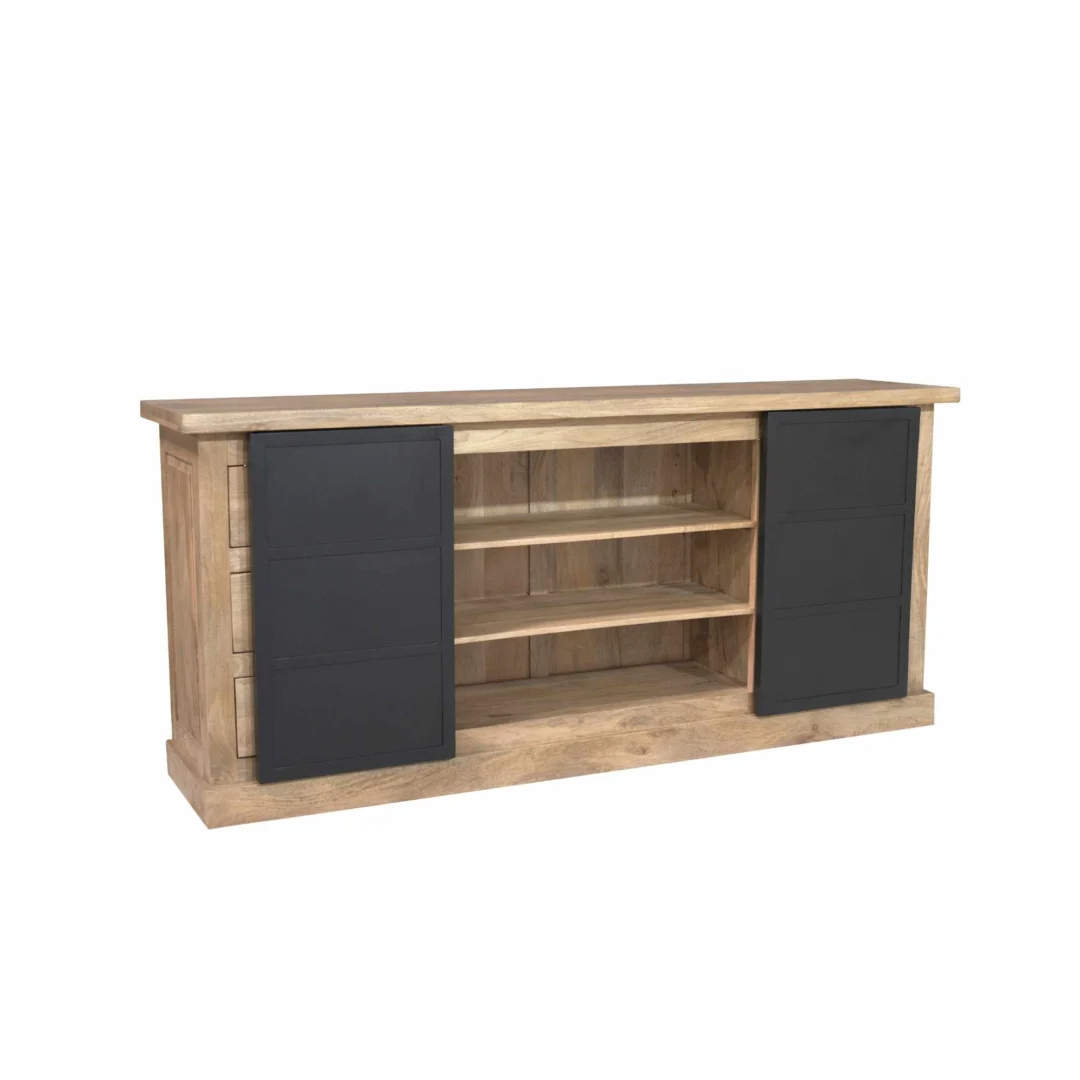 Dressoir Jaussone Naturel 200 cm met open vakken en zwarte schuifdeuren in houtlook