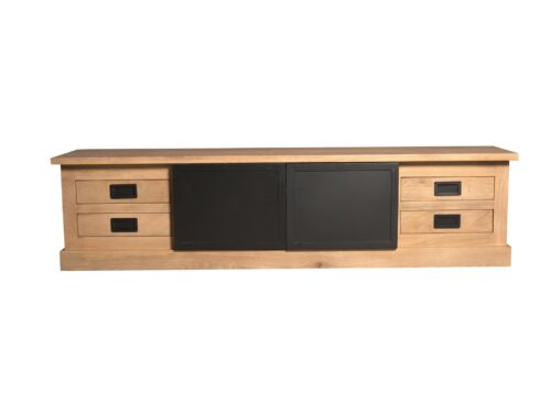 TV-meubel Cudio Naturel 200 cm met houten look, zwarte deuren en vier lades voor ruime opbergruimte