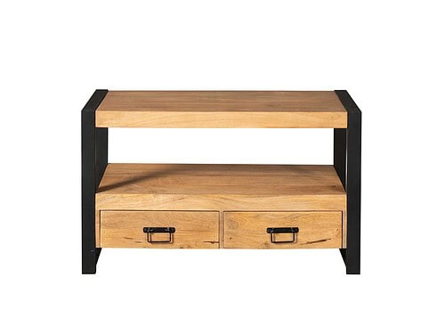 TV-meubel Bustira Zwart 100 cm van mangohout met zwart metalen frame en 2 lades en open vak