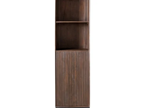 Boekenkast Naallero Bruin 55 cm met slank hoog design, open vak en houten deur met metalen poten