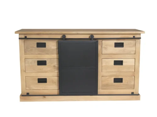 Dressoir Zaurrik naturel 160 cm met zes lades en zwart metalen deurtje, handgemaakt houtlook design