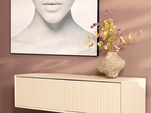TV-meubel Gotaro Zand 120 cm met ribbeldeuren en strakke, hangende afwerking in zandkleur