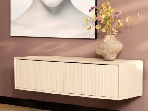 TV-meubel Gotaro Zand 120 cm met ribbeldeuren en strakke, hangende afwerking in zandkleur