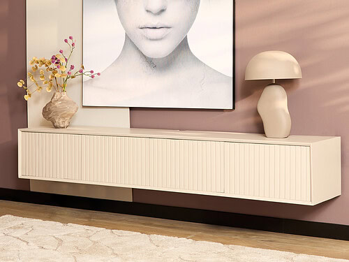 TV-meubel Skumis Zand 200 cm met ribbeldeuren, strak design en warme zandkleur