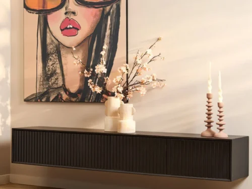 Zwart Haulvano tv-meubel 200 cm van mangohout met handgemaakte ribbelafwerking en zwevend design