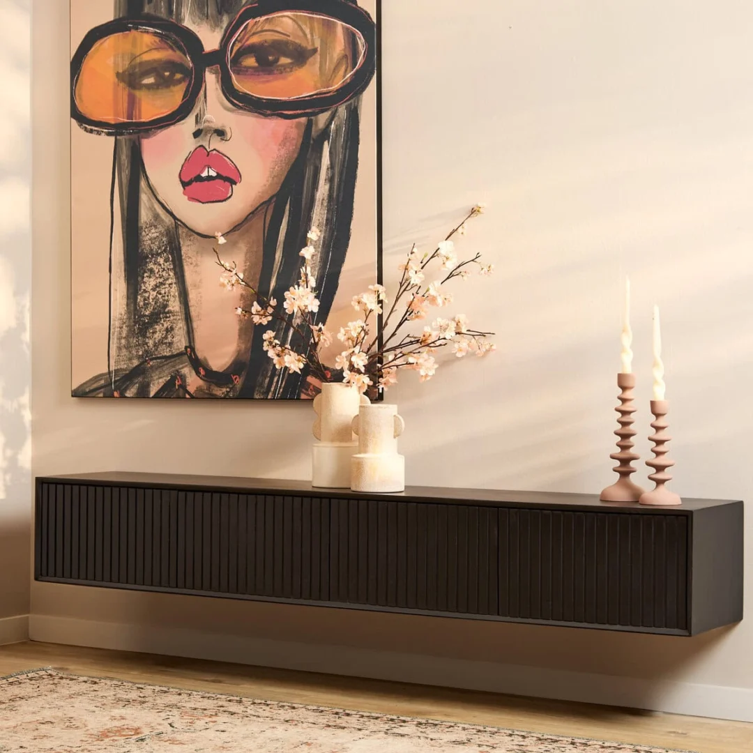 Zwart Haulvano tv-meubel 200 cm van mangohout met handgemaakte ribbelafwerking en zwevend design