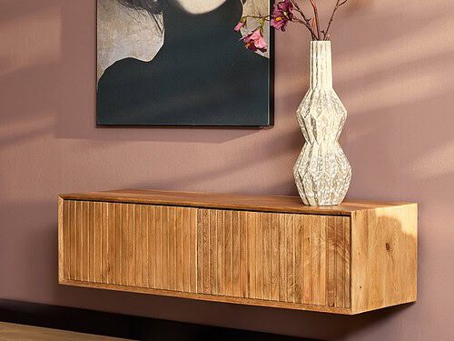 TV-meubel Peindoro Naturel 120 cm van mangohout, zwevend met geribbelde front en natuurlijke houtnerf