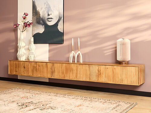 TV-meubel Gannun Naturel 280 cm van mangohout, zwevend design met warme houtkleur en strakke lijnen