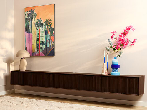 Reirnum bruin tv-meubel 280 cm van mangohout, lang en laag met strakke verticale ribbelafwerking