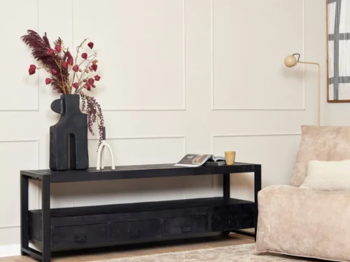 TV-meubel Biltena Zwart 180 cm van mangohout met zwart metalen frame en vier laden