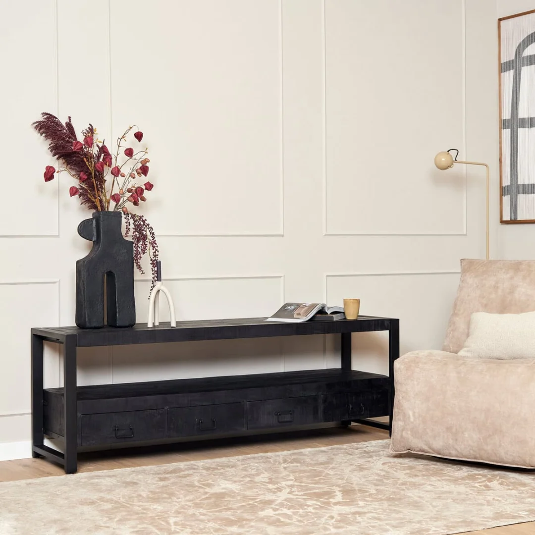 TV-meubel Biltena Zwart 180 cm van mangohout met zwart metalen frame en vier laden