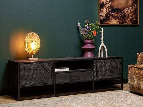 TV-meubel Lientund Zwart 165 cm met visgraatinleg, lade, open vak en zwart metalen frame