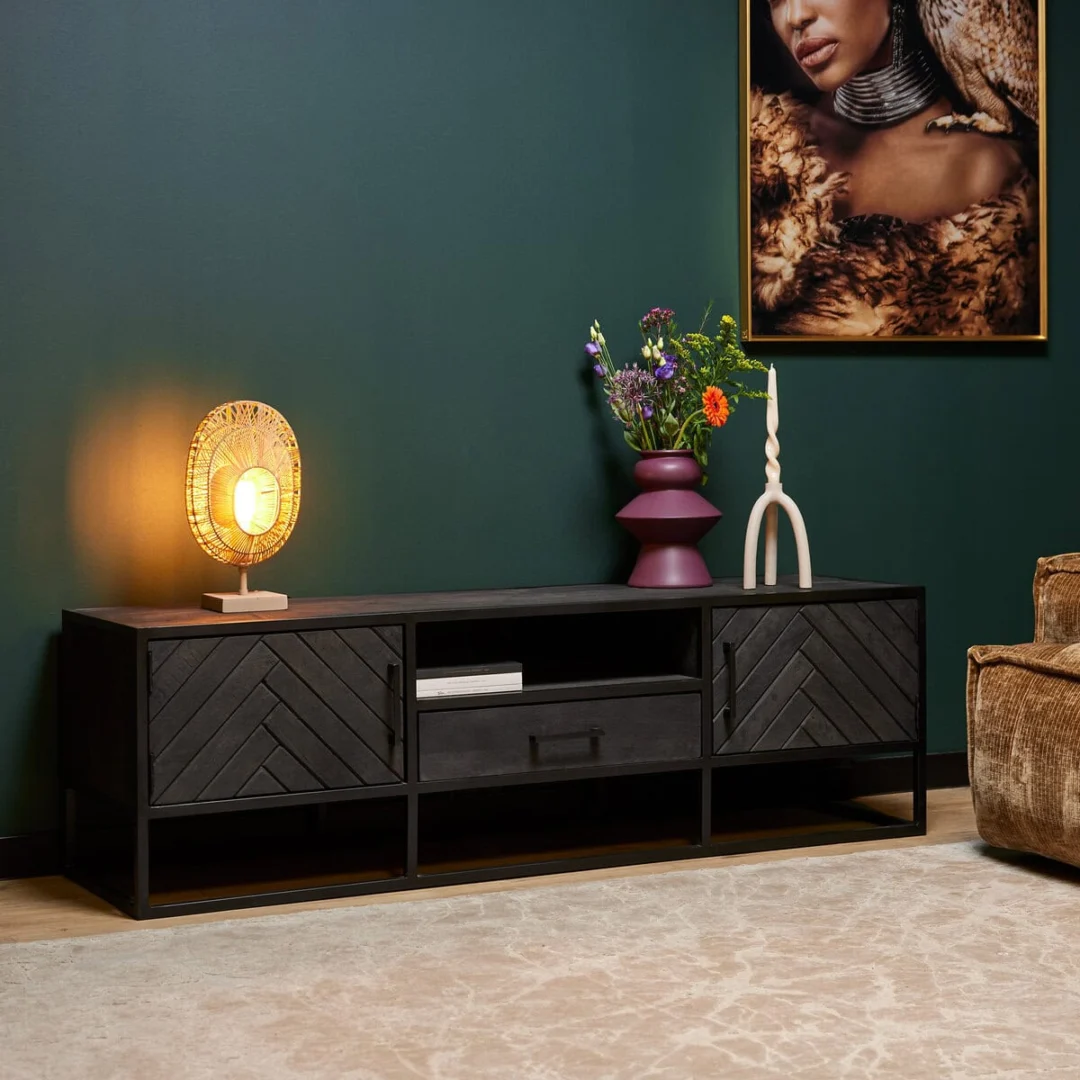 TV-meubel Lientund Zwart 165 cm met visgraatinleg, lade, open vak en zwart metalen frame