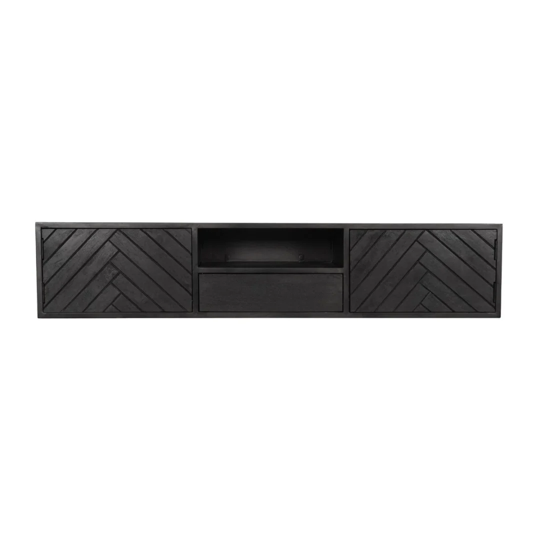 TV-meubel Brunsin zwart 160 cm met zwevend design en visgraatfront in mangohout