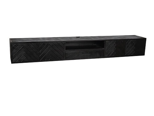 Zwart zwevend TV-meubel Trarnino 280 cm met visgraatfront en mangohout look