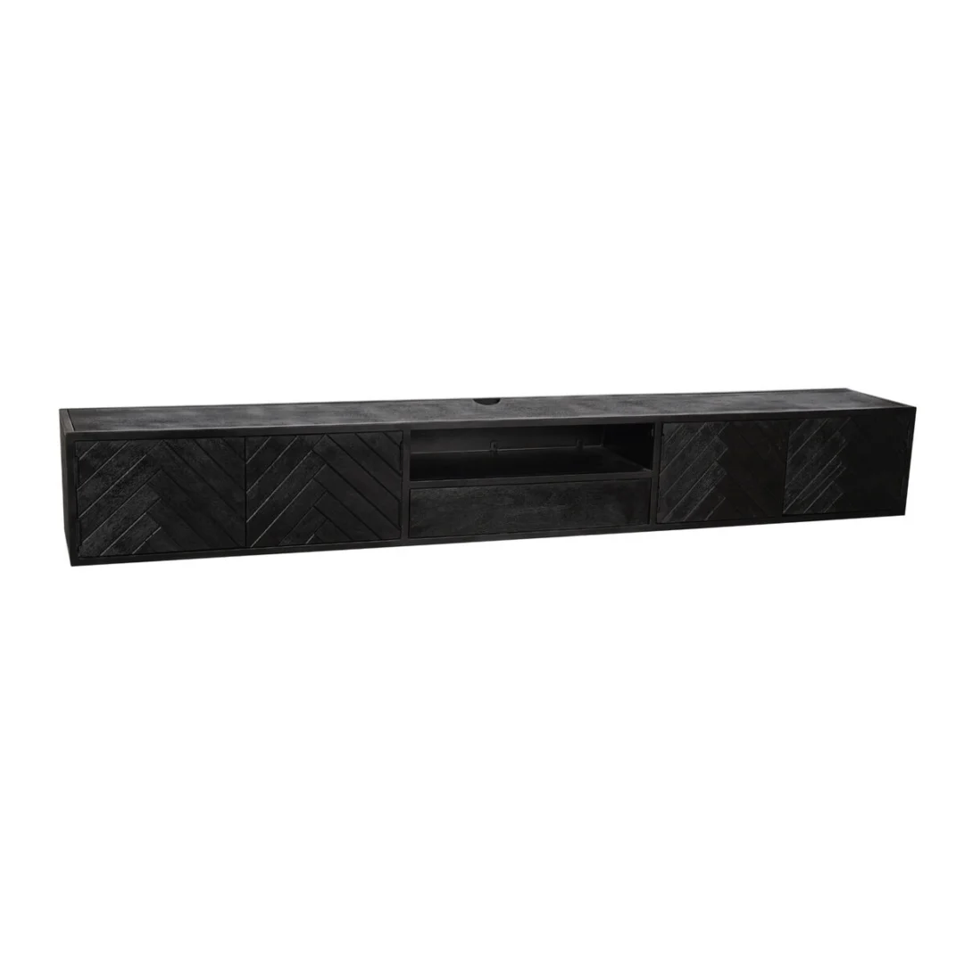 Zwart zwevend TV-meubel Trarnino 280 cm met visgraatfront en mangohout look