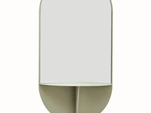 Spiegel Grirora Taupe ovale wandspiegel met geïntegreerd plankje en zachte taupe afwerking