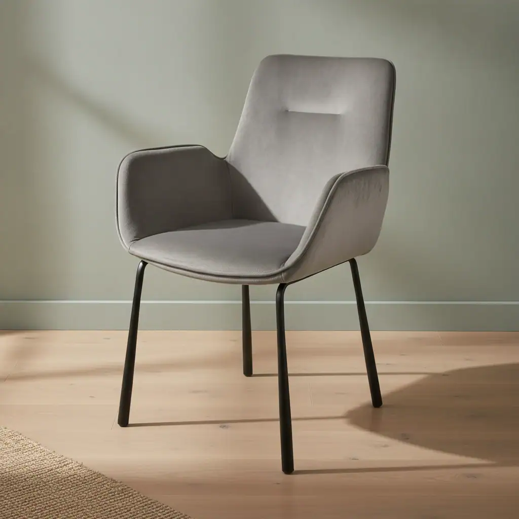 Eetkamerstoel Aroro grijs fluweel met armleuning metalen frame