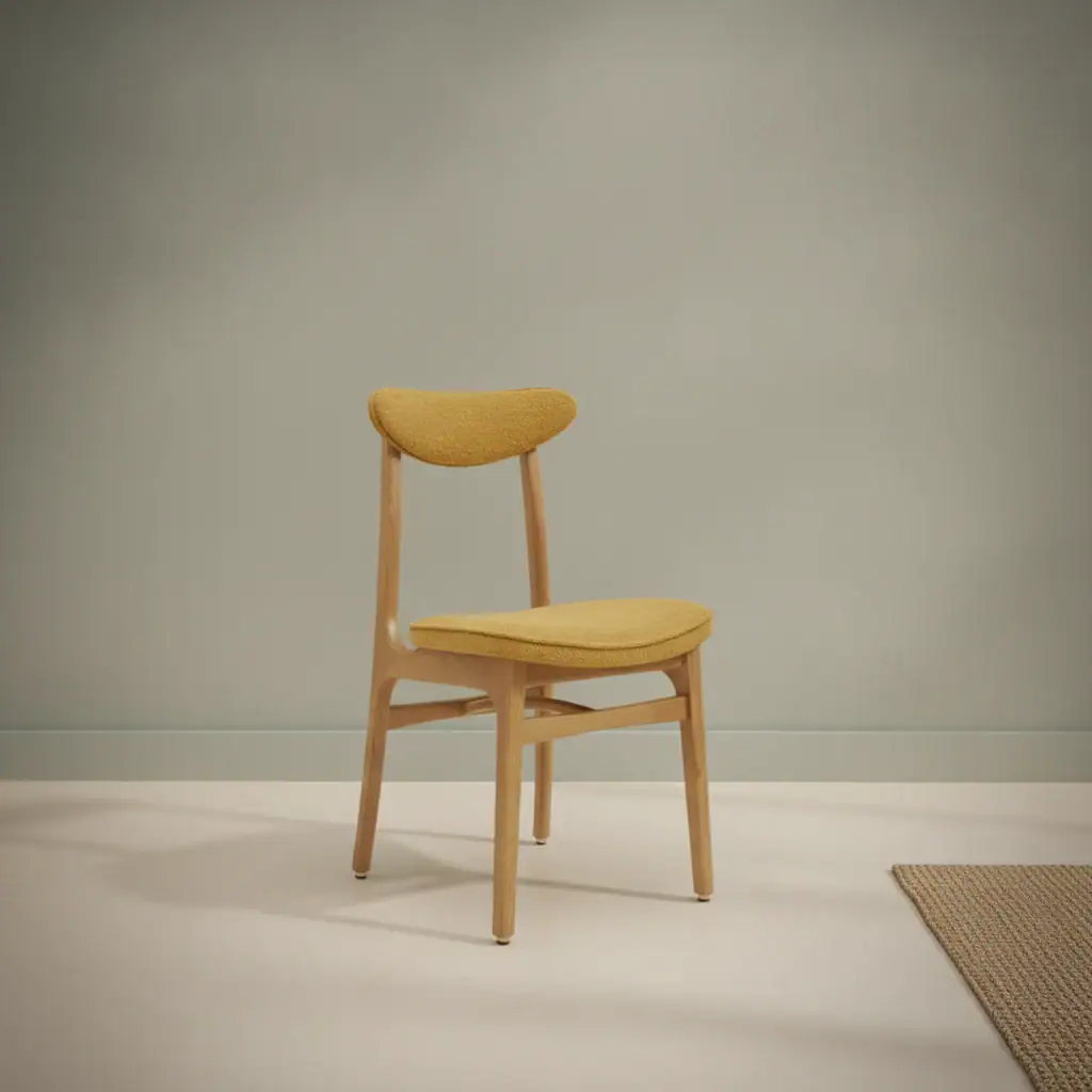 Eetkamerstoel Avara Mosterdgeel naturel bouclé houten frame