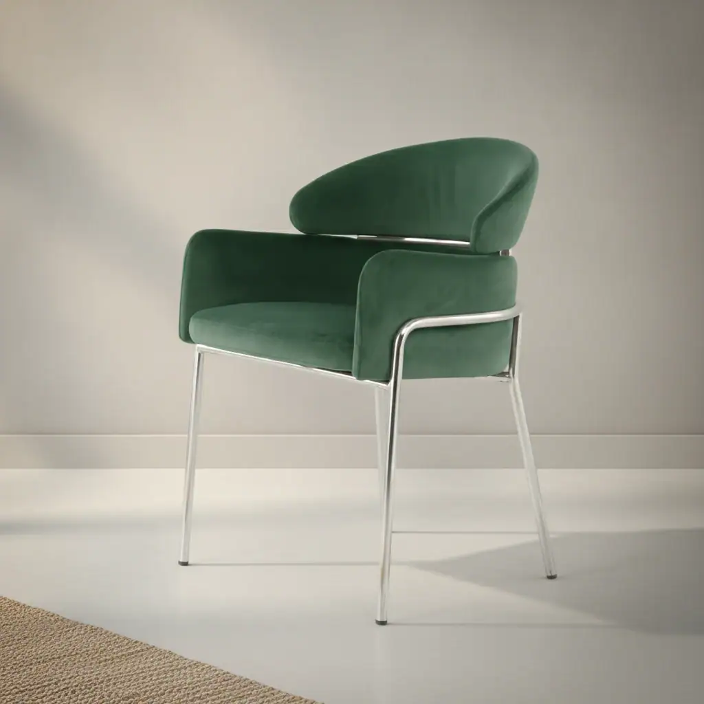 Eetkamerstoel Coiva groen fluweel met armleuning metalen frame