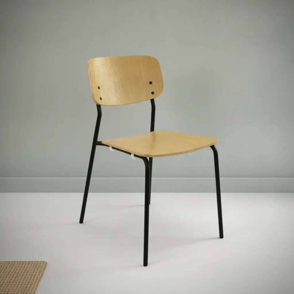 Eetkamerstoel Ilona beige eikenhout stapelbaar metalen frame