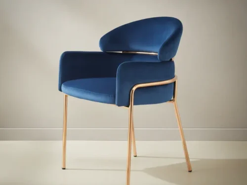 Eetkamerstoel Saalia blauw  fluweel met armleuning metalen frame