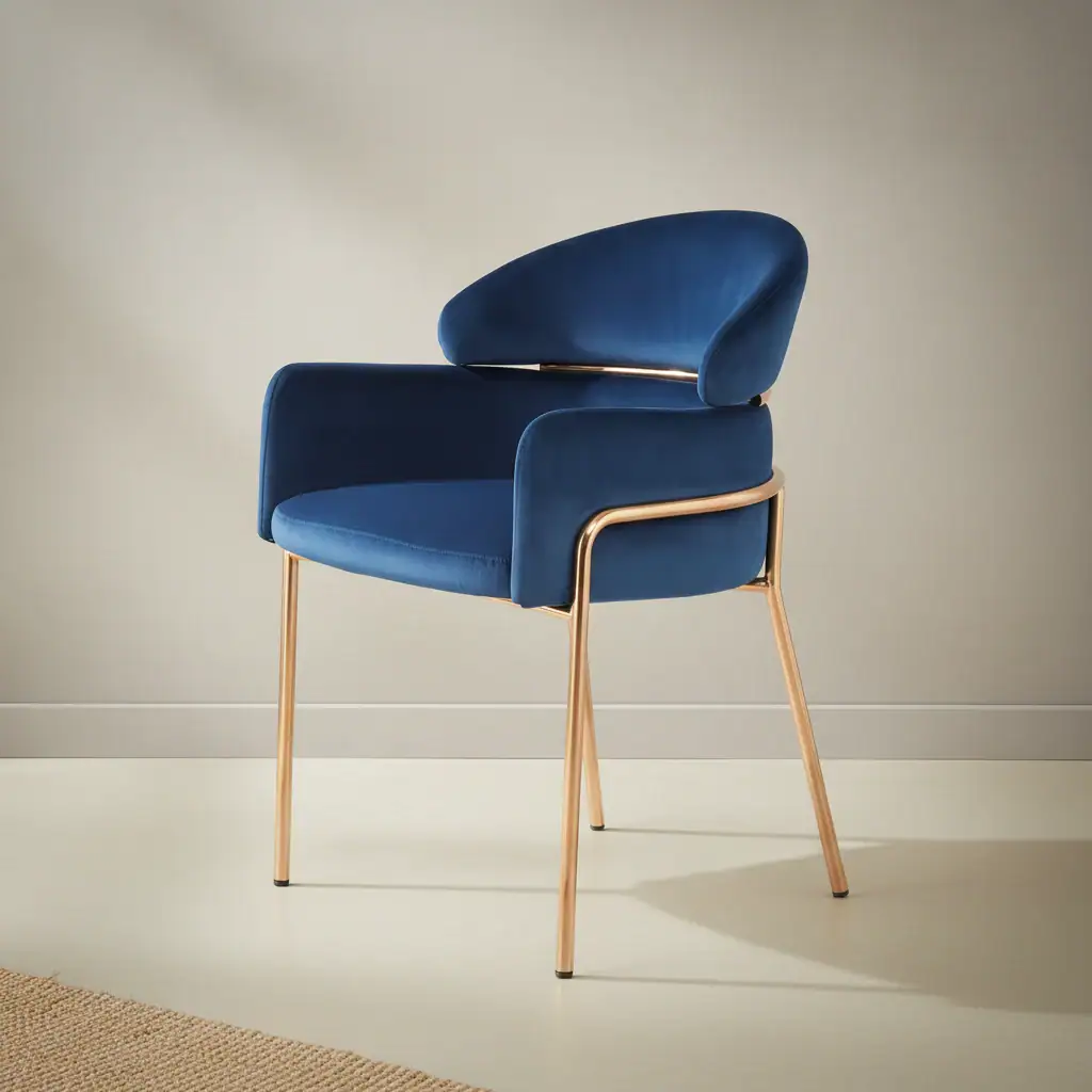 Eetkamerstoel Saalia blauw fluweel met armleuning metalen frame