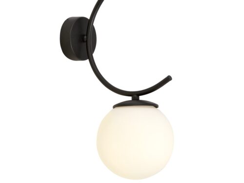 Wandlamp Hisek zwart Ø15 cm met gebogen arm en witte glazen kap, modern en sfeervol