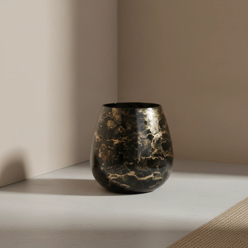 Vaas Pesan Zwart van mondgeblazen glas met zwarte marmerlook en gouden accenten, stijlvol woonobject