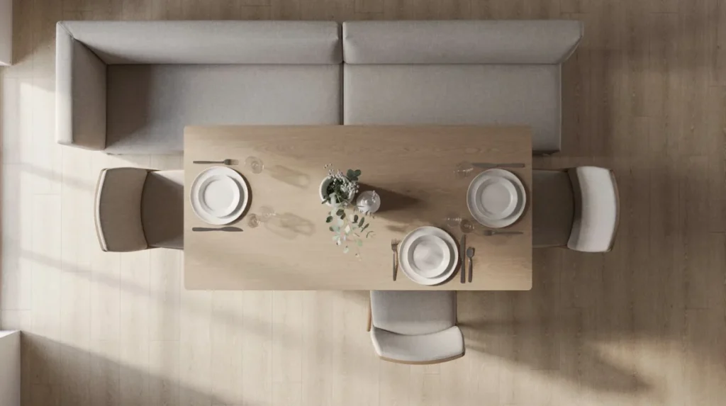 Bovenaanzicht van een rechthoekige eettafel met een eetkamerbank aan één kant en twee losse stoelen aan de andere kant, wat zorgt voor extra zitplaatsen en een gezellige sfeer. De leren eetkamerbank past perfect tegen de muur en biedt een warme uitstraling voor lange diners met vrienden en familie.