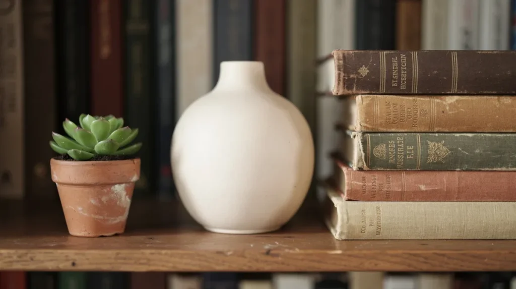 Close-up van een boekenplank met een keramieken vaas, een kleine vetplant en een stapel boeken in verschillende kleuren. Deze decoratieve objecten voegen een persoonlijke touch toe aan de boekenkast en creëren een sfeervolle uitstraling in de woonkamer.