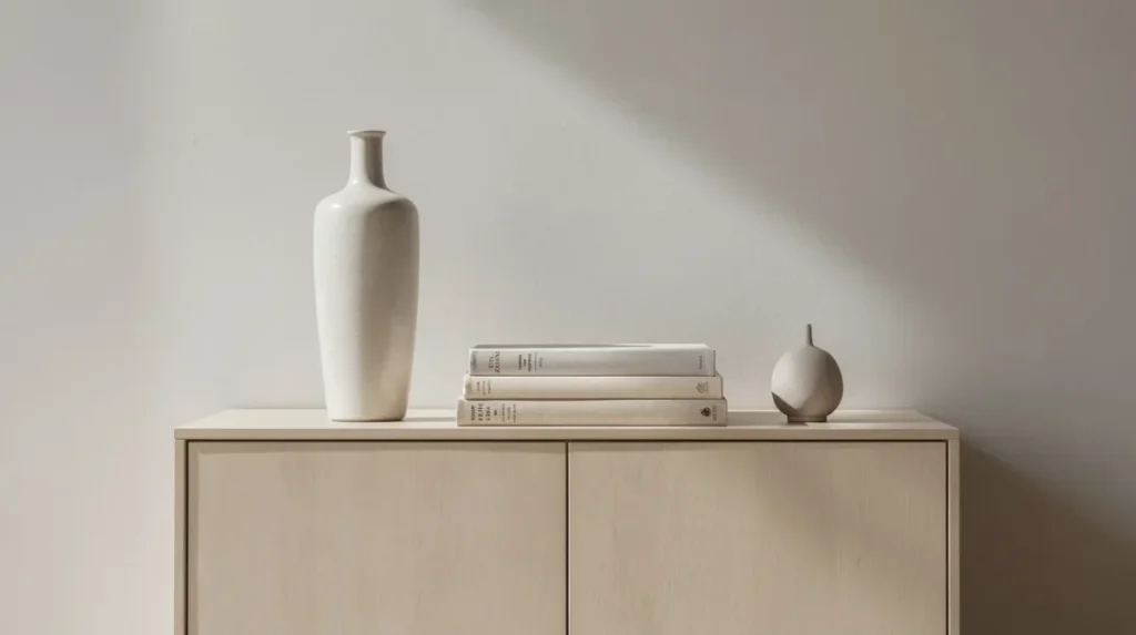 Een gestylede halfhoge kast, versierd met een hoge keramieken vaas, een stapel boeken en een klein object, creëert een speels effect door de verschillende hoogtes. De rustige tinten en diverse materialen dragen bij aan een stijlvol interieur en een persoonlijk dressoir.