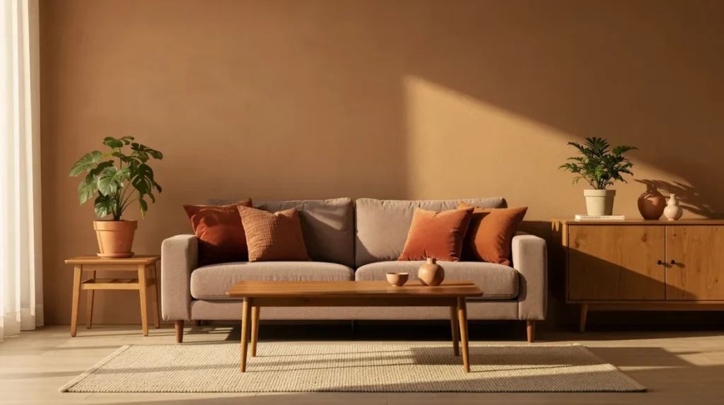 Een gezellige woonkamer met zandkleurige muren en een taupe bank, versierd met roestkleurige kussens. Houten meubels in warme aardetinten creëren een natuurlijke uitstraling in het warme daglicht.