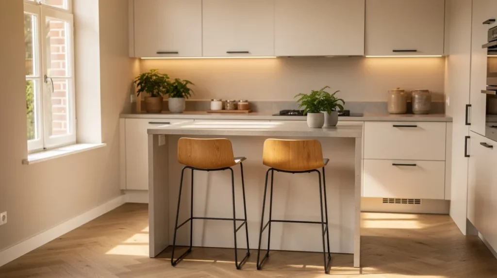 Een gezellige woonkeuken met een kookeiland en een bar, waar twee comfortabele barkrukken met houten zittingen en metalen poten staan. De barkrukken hebben een zithoogte van 75 cm, perfect voor een ontspannen zithouding aan de bar.