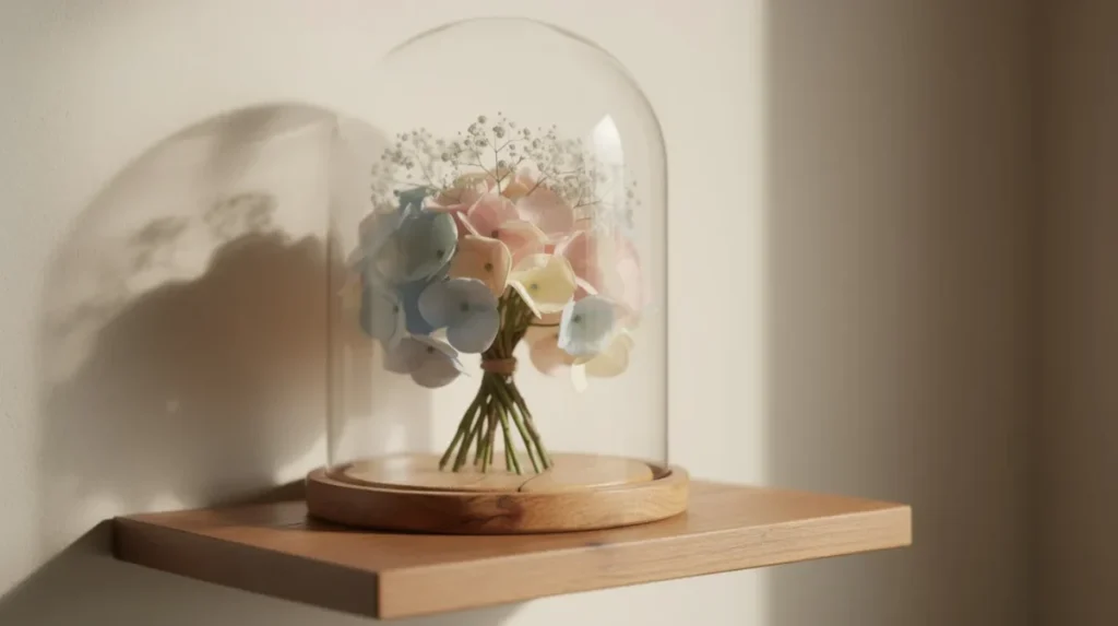 Een glazen stolp staat op een houten wandplank en bevat een prachtig arrangement van hortensia's en gipskruid, wat de schoonheid van verschillende droogbloemen benadrukt. De warme kleuren van de bloemen voegen een natuurlijke decoratie toe aan het interieur.