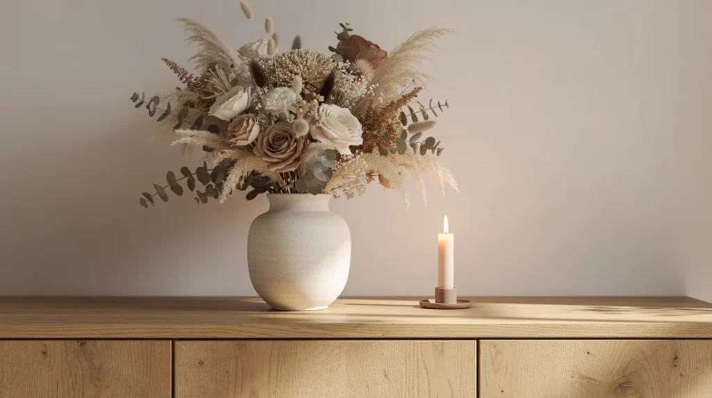 Een keramieken vaas staat op een houten dressoir, gevuld met een vol boeket droogbloemen in neutrale tinten zoals lavendel en eucalyptus. Naast de vaas brandt een kaars, wat een warme en natuurlijke sfeer aan het interieur toevoegt.